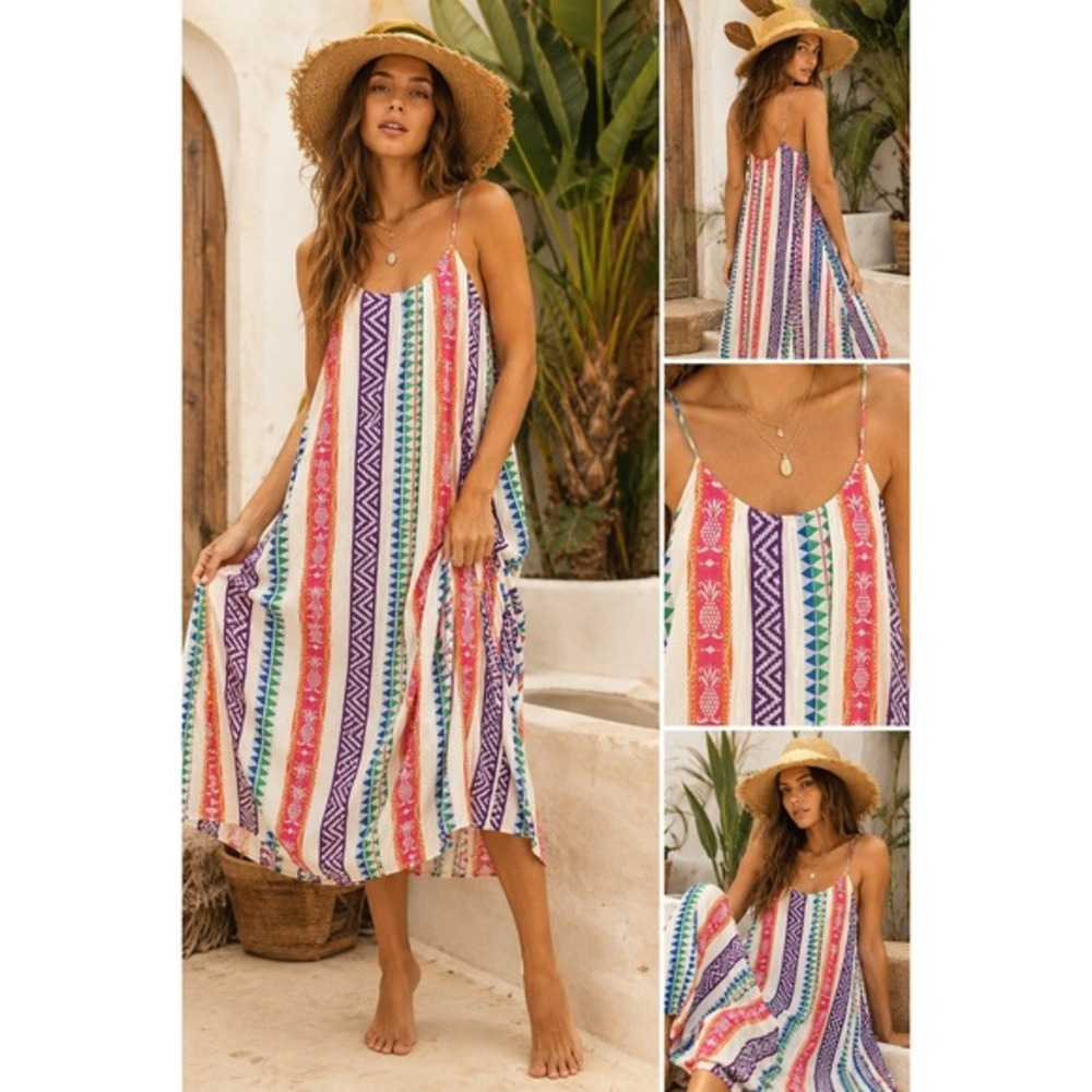 En Creme Boho Swing Dress S‎ Pineapple Stripe Cotton Cami Multicolor Tropical